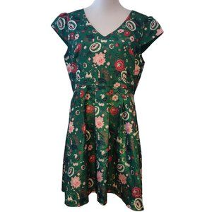 Modcloth Womens Green Floral Fit Flare Lined Cap Sleeves Side Pockets Dress XL